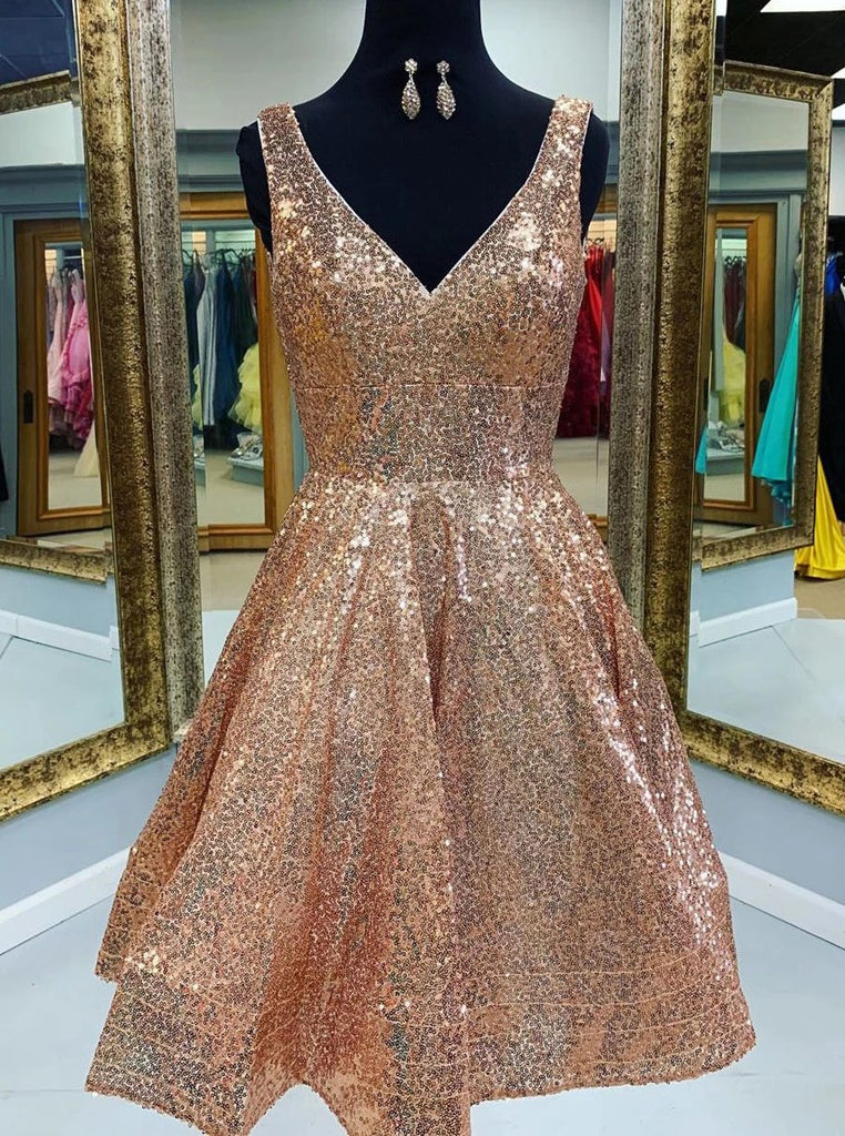 a line v neck sequins short prom dress gold homecoming dress