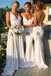 white v neck long backless bridesmaid dresses with sweep train