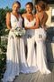 White V-Neck Long Backless Bridesmaid Dresses with Sweep Train PB115