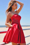 Satin Sweetheart Beaded Red Homecoming Dresses With Pockets GM02