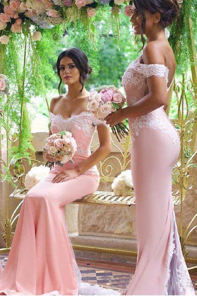 Elegant Off shoulder Mermaid Pink Bridesmaid Dresses with Lace PB67