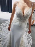 Mermaid V-neck Backless Spaghetti Wedding Dresses With Appliques PW78