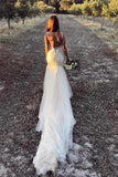 Gorgeous Ivory Tulle Mermaid V-Neck Lace Backless Wedding Dresses PW147