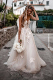 Backless Boho Wedding Dress Tulle Rustic Bridal Gown With Appliques PW356