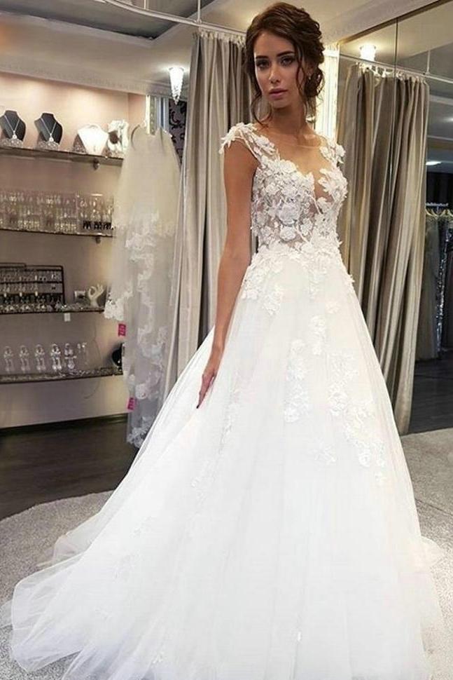 Delicate Boho Wedding Dresses Sheer Round Neck Tulle Bridal Gowns PW131