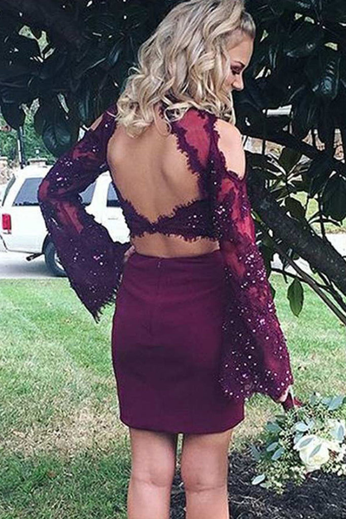 long bell sleeve two piece sheath homecoming dresses with lace beading