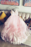Simple A-line V-neck Tulle Pink Prom Dress, Princess Pink Bridal Gown PW140