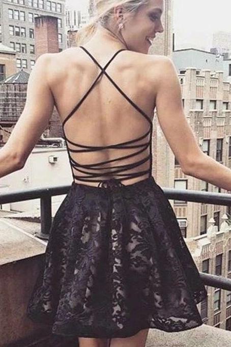 black a line v neck lace short prom homecoming dresses with pocket