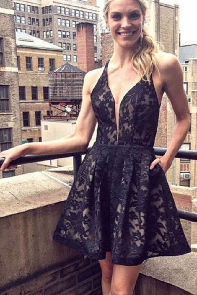 black a line v neck lace short prom homecoming dresses with pocket