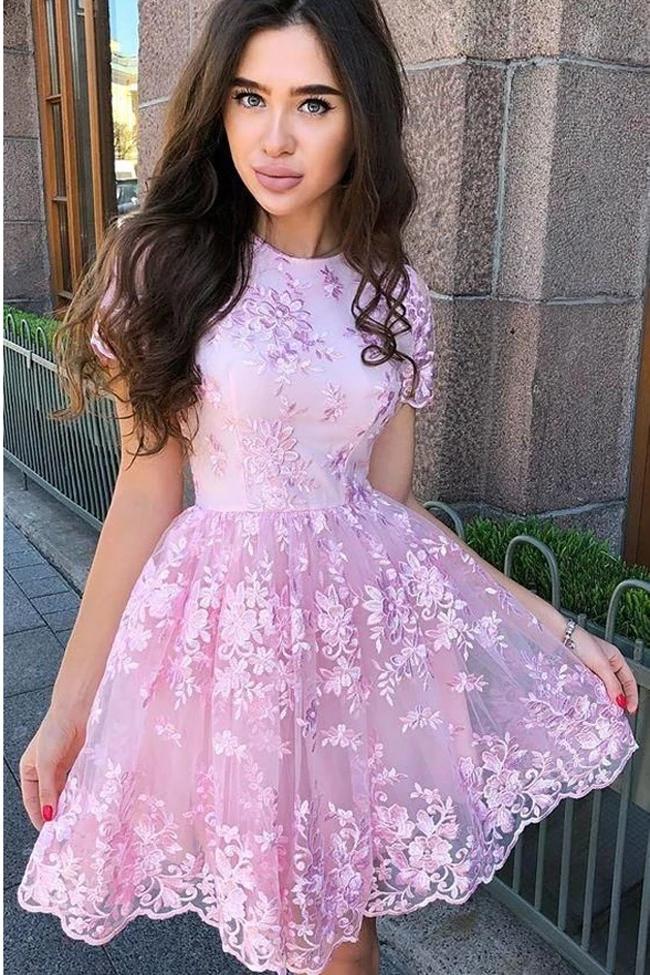 Short Sleeve Lace Pink Homecoming Dresses With Appliques GM11