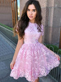 Short Sleeve Lace Pink Homecoming Dresses With Appliques GM11