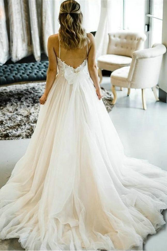 Lovely A-line Straps Wedding Dresses Backless Tulle Bridal Gown PW129
