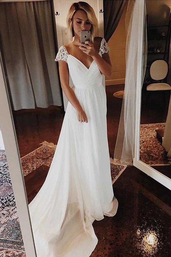 Simple Chiffon Wedding Dresses Bohemian Beach Bridal Gowns With Sleeves PW149