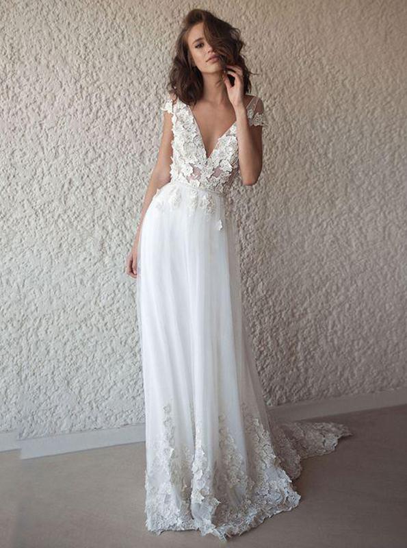 A-line V-neck Cap Sleeves Chiffon Beach Wedding Dresses With Appliques PW120
