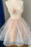 spaghetti straps polka dots tulle homecoming dresses see through short party dress