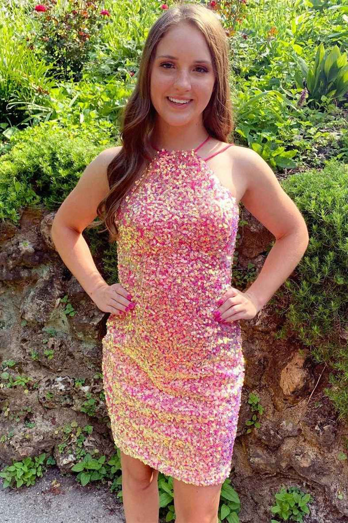sparkly hot pink tight homecoming dress sleeveless sequined party dress