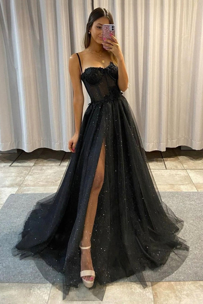 shiny black tulle long prom dress with appliques slit evening gown
