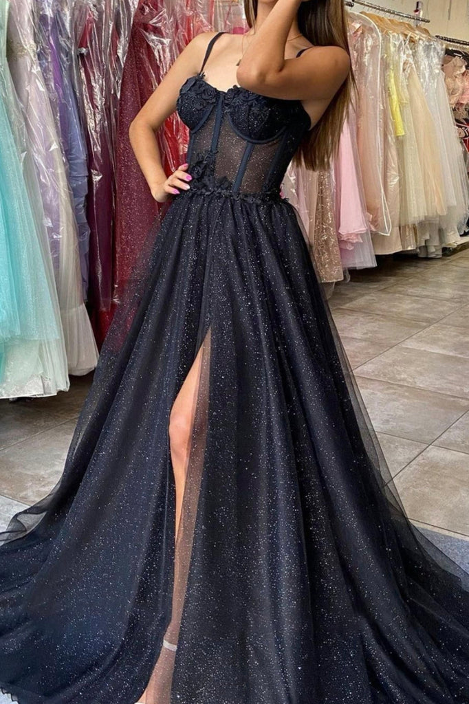 shiny black tulle long prom dress with appliques slit evening gown