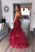 gorgeous v neck mermaid burgundy tulle beaded long prom dress with ruffles