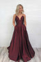 Satin Simple Prom Dress Burgundy V Neck Evening Dress With Pockets GP77