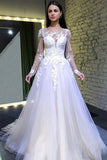 A Line Long Sleeves Round Neck Tulle Wedding Dresses With Lace Appliques PW123