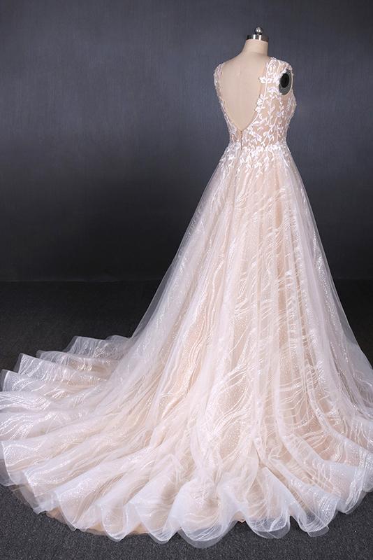 Sparkly Lace Appliqued Wedding Dress V-back Long Bridal Dresses PW97