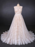 Sparkly Lace Appliqued Wedding Dress V-back Long Bridal Dresses PW97