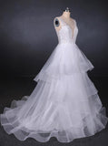 Princess V Neck Tulle Backless Wedding Dresses With Layered PW94