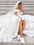 Off Shoulder Satin Simple Wedding Dresses Elegant Long Bridal Dress PW116