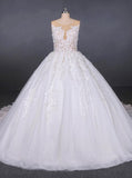 Round Appliques Ball Gown Tulle Wedding Dresses With Button Back PW90
