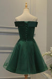 off shoulder dark green short party dress tulle homecoming dress