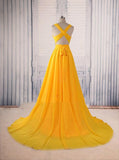 A-line Yellow Long Prom Gown Cross-Back Chiffon Evening Dress MP95