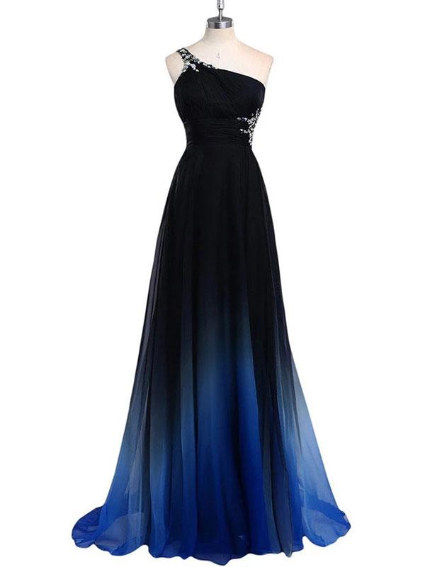 one shoulder ombre long prom dress cut out back beading ombre formal gown