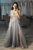 A Line V Neck Appliques Tulle Grey Long Prom Dress With Split MP202