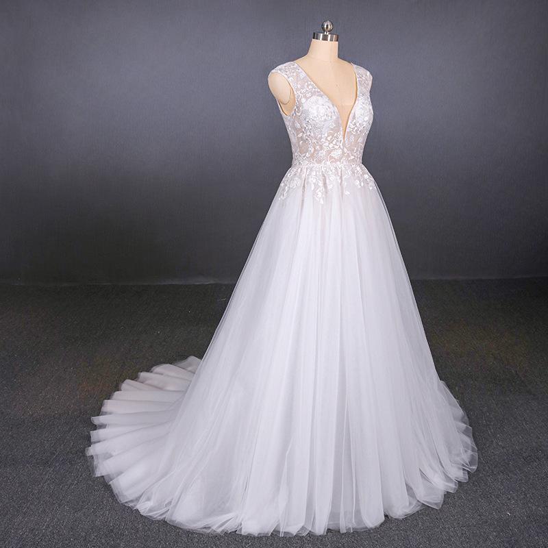 Tulle Beach Wedding Dresses with Appliques, V-neck Backless Bridal Dress PW115