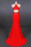 Halter Red Prom Dresses Mermaid Long Evening Dress With Cut Out Back MP191