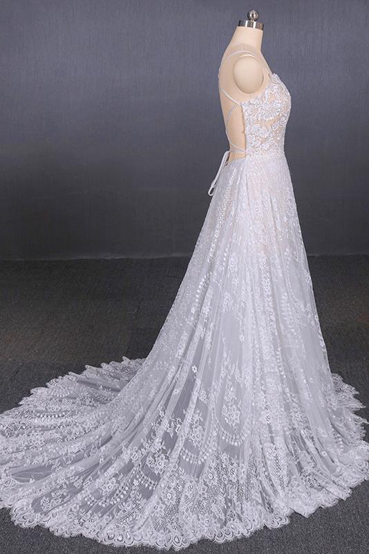 Spaghetti Straps Lace Wedding Dresses Backless Beach Bridal Dresses PW113