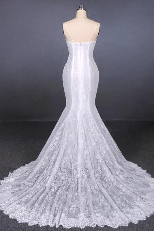 White Mermaid Lace Spaghetti Wedding Dresses With Appliques PW89