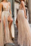 Flowy Glitter Sparkle Prom Dresses Backless Evening Dress With Split MP205