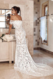 Elegant Off Shoulder Ivory Mermaid Lace Beach Wedding Dress PW121