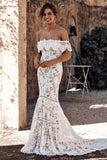 Elegant Off Shoulder Ivory Mermaid Lace Beach Wedding Dress PW121