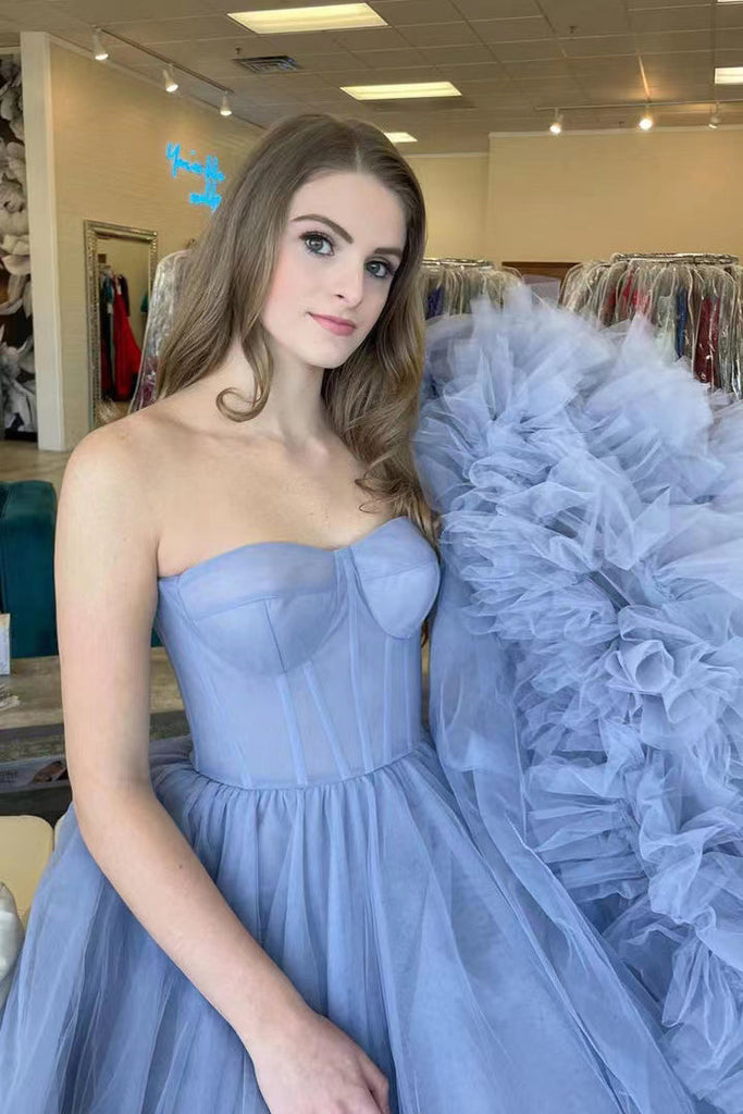 dusty blue tulle strapless prom dresses with layers princess formal gown