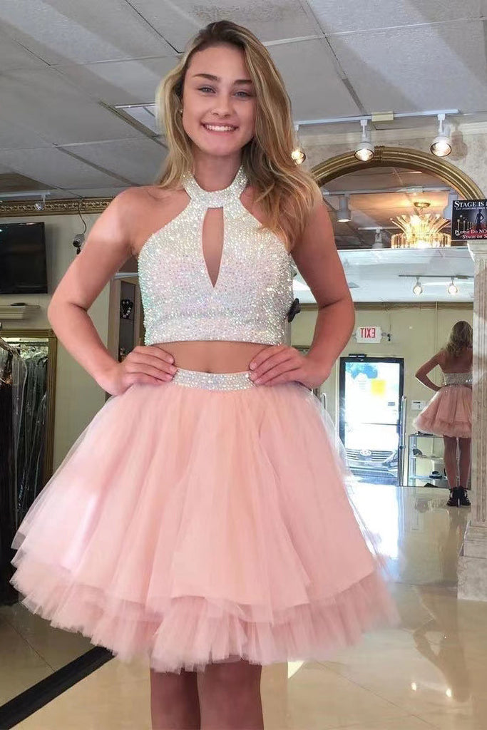 pink halter two piece short homecoming dresses with beading