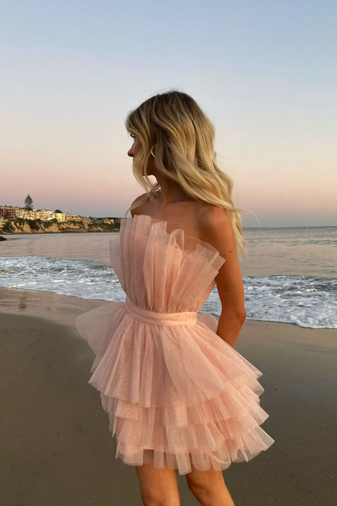 pretty pink strapless homecoming dress with layers a line party dress