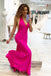mermaid hot pink long prom dresses v neck halter long evening dress