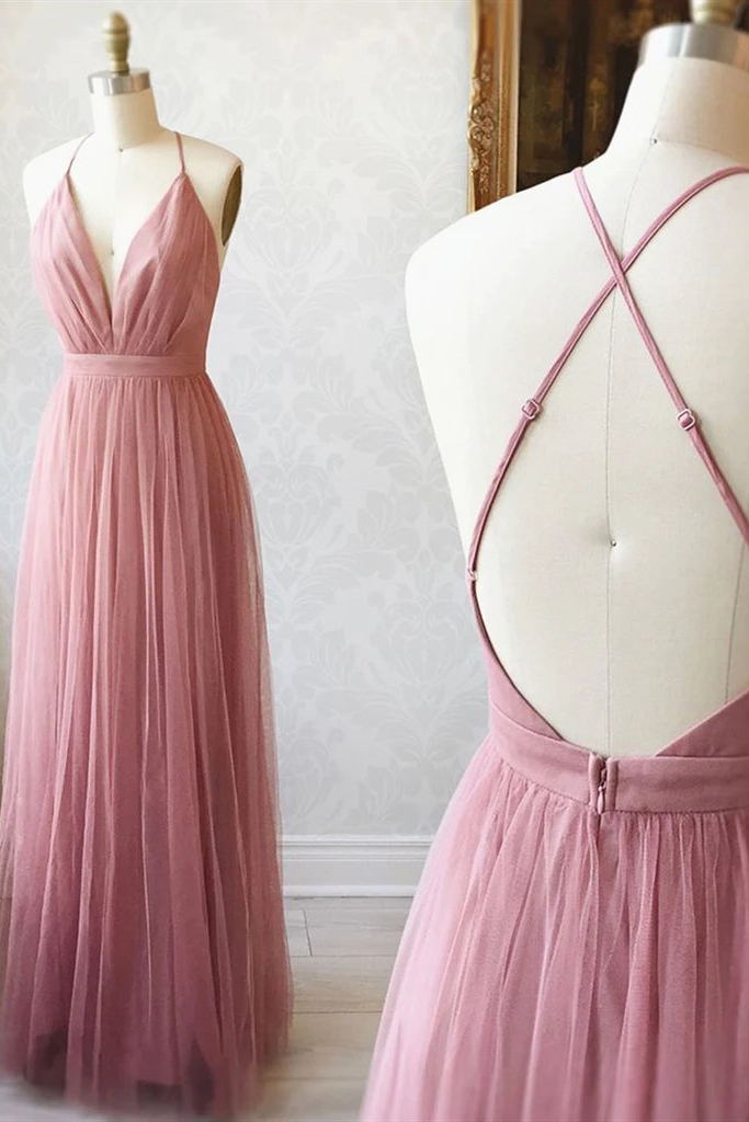 A Line V Neck Backless Bridesmaid Dresses, Simple Tulle Evening Dress GB401
