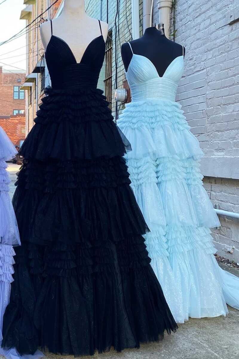 Glitter Black Tulle Tiered Prom Dresses, Long Graduation Gown With Slit GP361