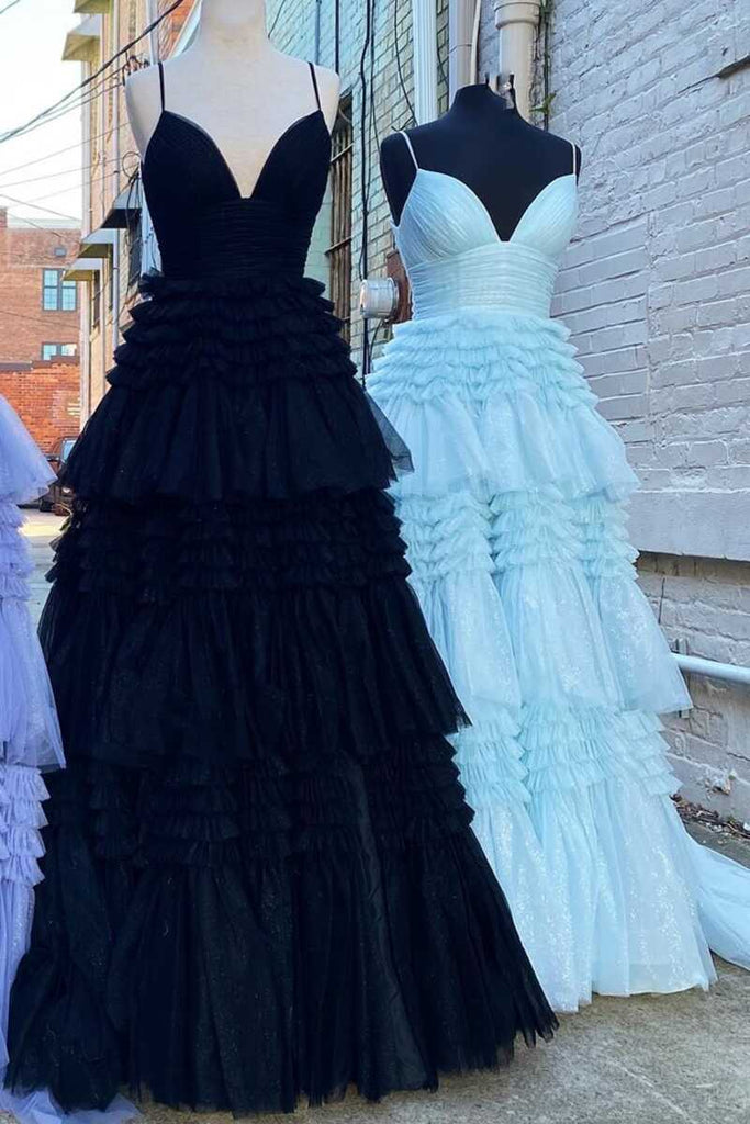 glitter black tulle tiered prom dresses long graduation gown with slit
