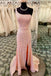 one shoulder backless pink long prom dresses with slit sequined evening gown