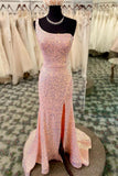 one shoulder backless pink long prom dresses with slit sequined evening gown